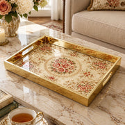 Valentine's Day Decorative Glass Serving Tray – Rose Medallion Scroll glass serving tray shown in a product view.