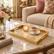 Valentine's Day Decorative Glass Serving Tray – Open Rose Bouquet glass serving tray shown in a first styled room scene.