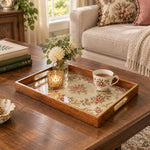 Valentine's Day Decorative Glass Serving Tray – Rose Wreath Oval glass serving tray shown in a first styled room scene.
