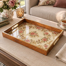 Valentine's Day Decorative Glass Serving Tray – Rose Wreath Oval glass serving tray shown in a product view.
