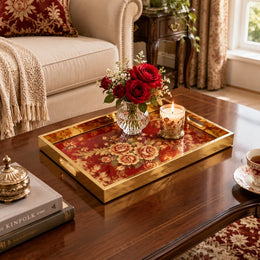 Valentine's Day Decorative Glass Serving Tray – Crimson Rose Damask glass serving tray shown in a first styled room scene.