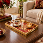Valentine's Day Decorative Glass Serving Tray – Crimson Rose Damask glass serving tray shown in a second styled room scene.