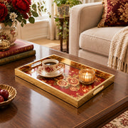 Valentine's Day Decorative Glass Serving Tray – Crimson Rose Damask glass serving tray shown in a second styled room scene.