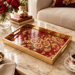 Valentine's Day Decorative Glass Serving Tray – Crimson Rose Damask glass serving tray shown in a product view.
