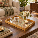 Valentine's Day Decorative Glass Serving Tray – Rose Trellis Lattice glass serving tray shown in a first styled room scene.