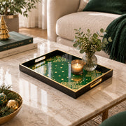 Ramadan Decorative Glass Serving Tray – Emerald Star Scatter glass serving tray shown in a first styled room scene.