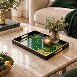 Ramadan Decorative Glass Serving Tray – Emerald Star Scatter glass serving tray shown in a first styled room scene.