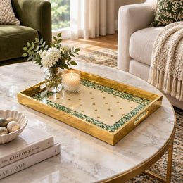 Ramadan Decorative Glass Serving Tray – Ivory Tile Border Stars glass serving tray shown in a first styled room scene.