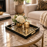 Ramadan Decorative Glass Serving Tray – Black Gold Tile Mosaic glass serving tray shown in a first styled room scene.