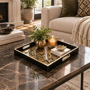Ramadan Decorative Glass Serving Tray – Black Gold Tile Mosaic glass serving tray shown in a second styled room scene.