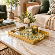 Ramadan Decorative Glass Serving Tray – Emerald Ogee Tile Grid glass serving tray shown in a second styled room scene.