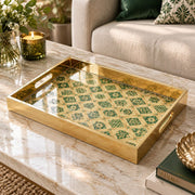 Ramadan Decorative Glass Serving Tray – Emerald Ogee Tile Grid glass serving tray shown in a product view.
