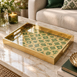 Ramadan Decorative Glass Serving Tray – Emerald Ogee Tile Grid glass serving tray shown in a product view.