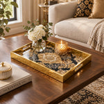 Ramadan Decorative Glass Serving Tray – Black Gold Damask Medallion - MintiHome