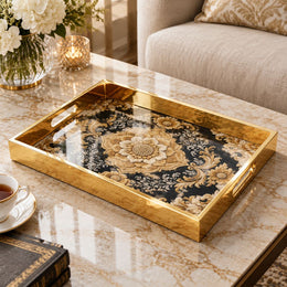 Ramadan Decorative Glass Serving Tray – Black Gold Damask Medallion - MintiHome