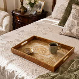 Ramadan Decorative Glass Serving Tray – Cream Baroque Gold Medallion - MintiHome