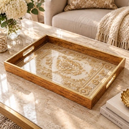 Ramadan Decorative Glass Serving Tray – Cream Baroque Gold Medallion - MintiHome
