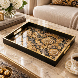 Ramadan Decorative Glass Serving Tray – Black Gold Acanthus Allover - MintiHome