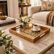 Ramadan Decorative Glass Serving Tray – Black Gold Banded Medallion - MintiHome