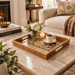 Ramadan Decorative Glass Serving Tray – Black Gold Banded Medallion - MintiHome