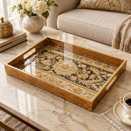 Ramadan Decorative Glass Serving Tray – Black Gold Banded Medallion - MintiHome