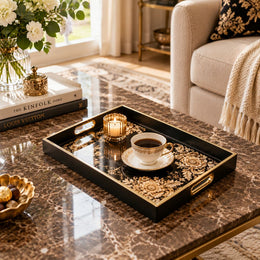 Ramadan Decorative Glass Serving Tray – Black Gold Baroque Corners - MintiHome