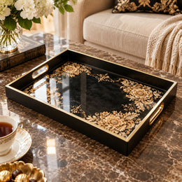 Ramadan Decorative Glass Serving Tray – Black Gold Baroque Corners - MintiHome