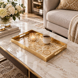 Ramadan Decorative Glass Serving Tray – Cream Gold Damask Repeat - MintiHome
