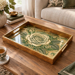 Valentine's Day Decorative Glass Serving Tray – Rose Fan Gold Panel - MintiHome