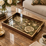 Valentine's Day Decorative Glass Serving Tray – Sepia Rose Gold Scroll - MintiHome