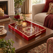 Valentine's Day Decorative Glass Serving Tray – Crimson Rose Cartouche glass serving tray shown in a first styled room scene.