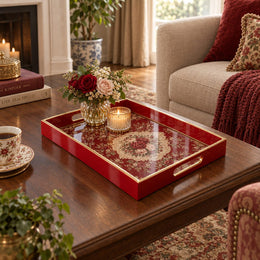 Valentine's Day Decorative Glass Serving Tray – Crimson Rose Cartouche glass serving tray shown in a first styled room scene.