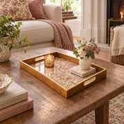 Valentine's Day Decorative Glass Serving Tray – Rose Chintz Meadow glass serving tray shown in a first styled room scene.