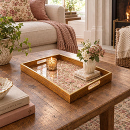 Valentine's Day Decorative Glass Serving Tray – Rose Chintz Meadow glass serving tray shown in a first styled room scene.