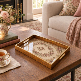 Valentine's Day Decorative Glass Serving Tray – Rose Garland Wreath glass serving tray shown in a first styled room scene.