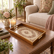 Valentine's Day Decorative Glass Serving Tray – Rose Garland Wreath glass serving tray shown in a second styled room scene.