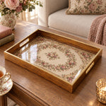 Valentine's Day Decorative Glass Serving Tray – Rose Garland Wreath glass serving tray shown in a product view.