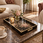 Valentine's Day Decorative Glass Serving Tray – Black Rose Spray glass serving tray shown in a first styled room scene.