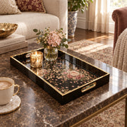 Valentine's Day Decorative Glass Serving Tray – Black Rose Spray glass serving tray shown in a first styled room scene.