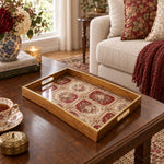 Valentine's Day Decorative Glass Serving Tray – Rose Trellis Grid glass serving tray shown in a first styled room scene.