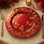 Gold Fern Wedding Decorative Plastic Plate – Burgundy Scrollwork full-print plastic serving tray shown in a product view.