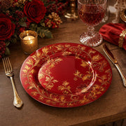 Gold Fern Wedding Decorative Plastic Plate – Burgundy Scrollwork full-print plastic serving tray shown in a styled room scene.
