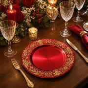 Gold Filigree Wedding Decorative Plastic Plate – Burgundy Sunburst full-print plastic serving tray shown in a styled room scene.