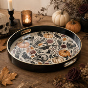 Gothic Halloween Plastic Serving Tray – Skull Bones Roses plastic serving tray shown in a round product view.