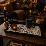 Gothic Halloween Plastic Serving Tray – Skull Bones Roses plastic serving tray shown in a rectangular styled scene.