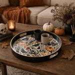 Gothic Halloween Plastic Serving Tray – Skull Bones Roses plastic serving tray shown in a round styled scene.