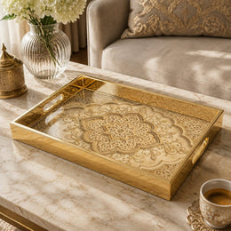 Grand Mandala Glass Serving Tray – Golden Leaf Scrollwork glass serving tray shown in a product view.