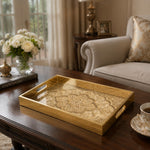 Grand Mandala Glass Serving Tray – Golden Leaf Scrollwork glass serving tray shown in a second styled room scene.