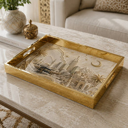 Grand Mosque Crescent Gold Glass Serving Tray – Islamic Heritage glass serving tray shown in a product view.