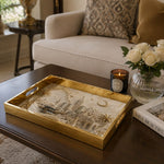 Grand Mosque Crescent Gold Glass Serving Tray – Islamic Heritage glass serving tray shown in a first styled room scene.